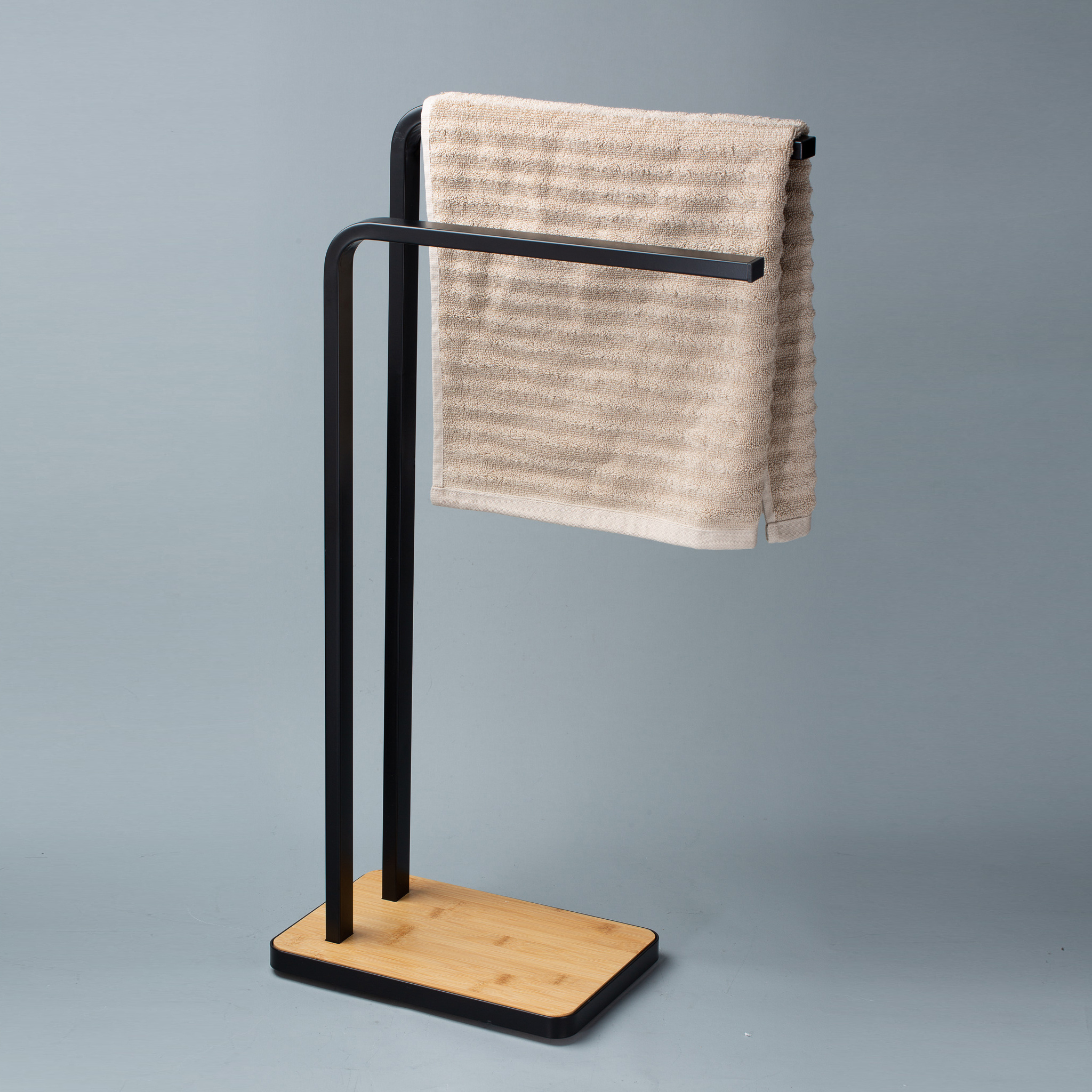 New Black Bath Towel Stand Tower Holder With Two Arms Hand Free Standing Bathroom Wooden Bamboo Towel Rack