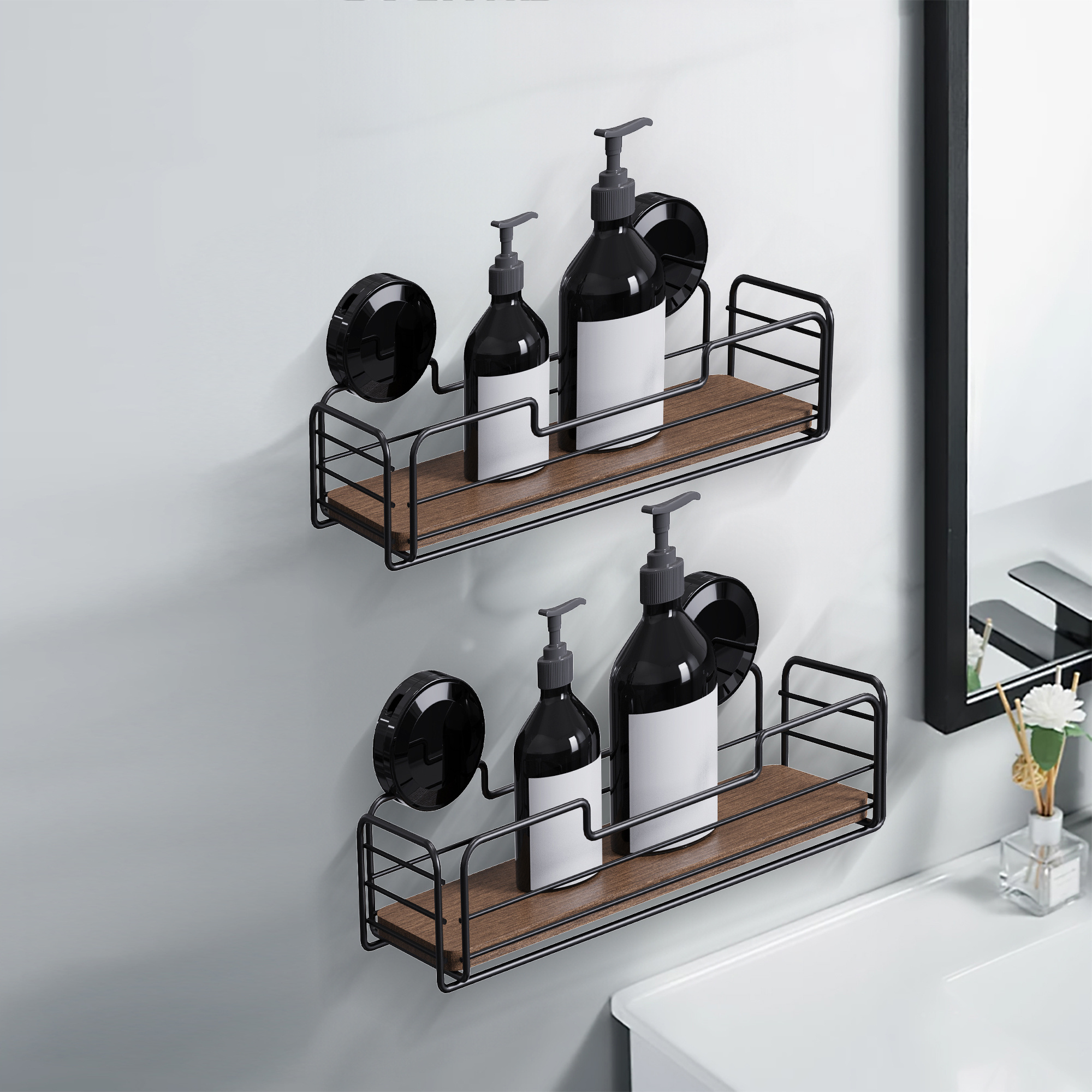 wooden Bathroom organizer Suction Cup Iron Wire Rack stainless steel no drilling wall mounted Shower Caddy