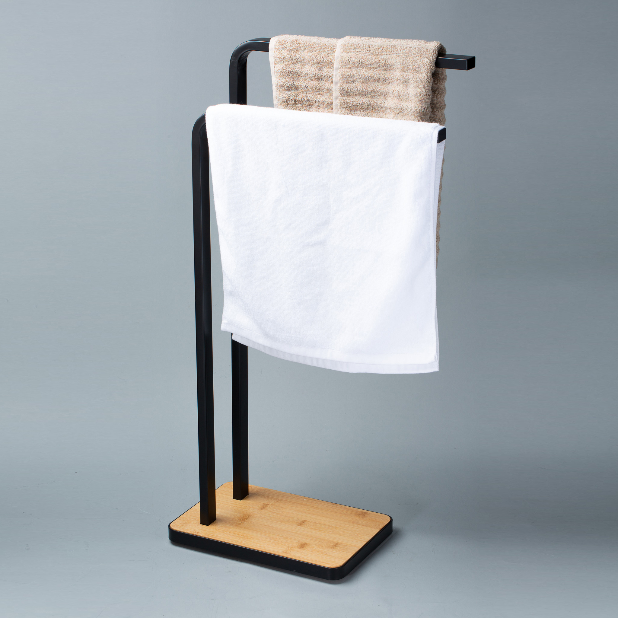 New Black Bath Towel Stand Tower Holder With Two Arms Hand Free Standing Bathroom Wooden Bamboo Towel Rack