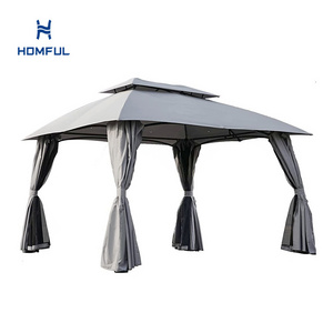 HOMFUL Outdoor Patio 10x13 Steel Gazebo Double Vent Soft Top Canopy Garden Gazebo With Curtains And Netting