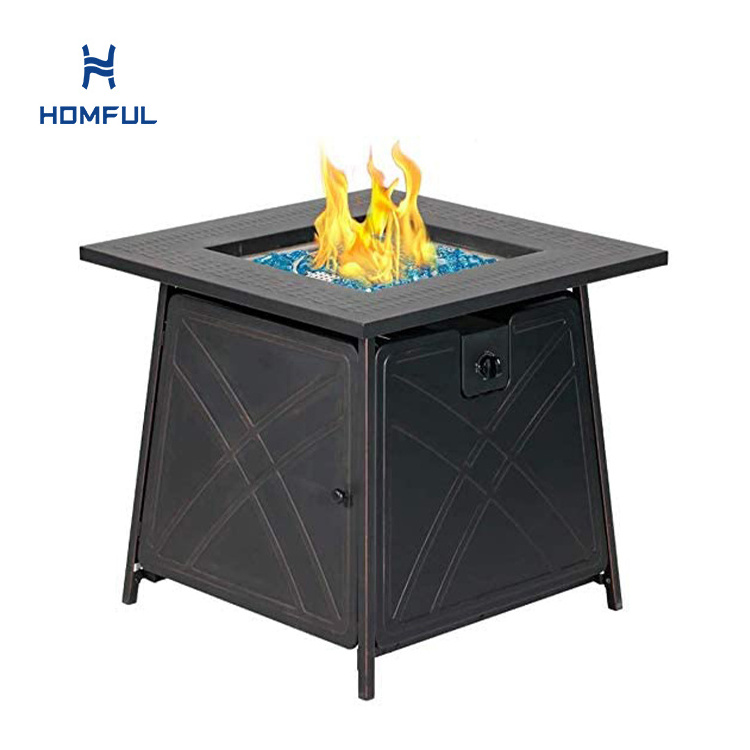 28 Inch 50,000 BTU Square Metal Outdoor Gas Fire Pit Propane Fire Pit Table With Fire Glass