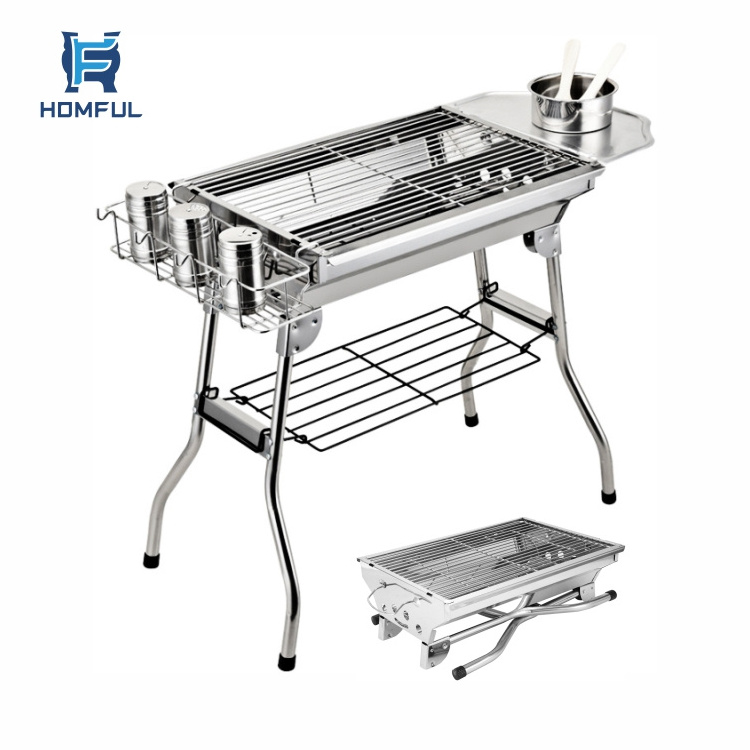 HOMFUL Camping Top Quality Stainless Steel Charcoal BBQ Grill Trolley Smoker Barbecue Grill