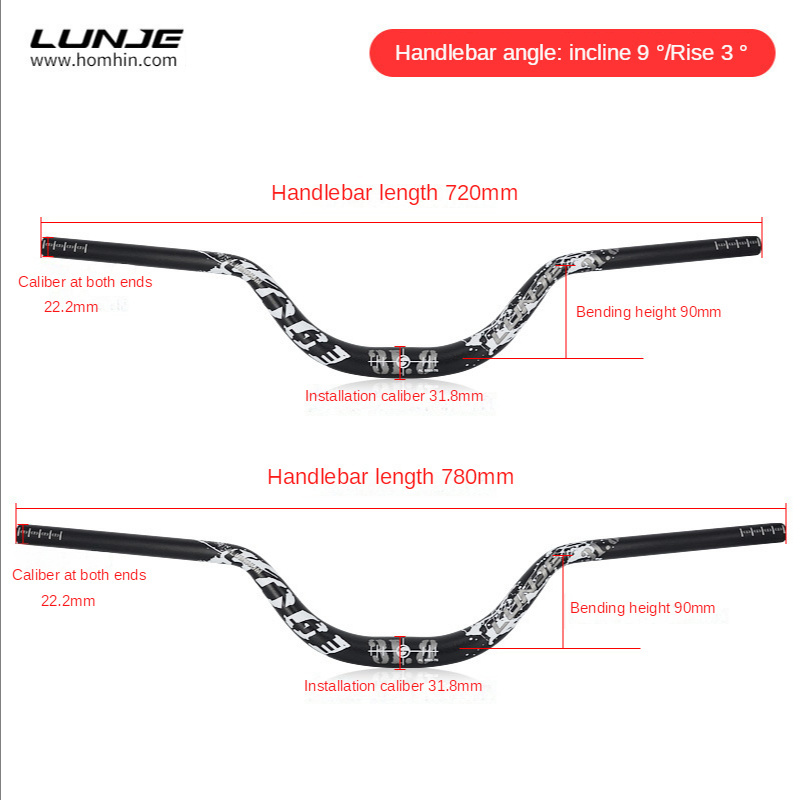 Lunje Mountain Bicycle Handle Bar Handlebar 90mm Tall Angle Handlebar 720/780mm Handle MTB Accessories mtb parts bicycle handle