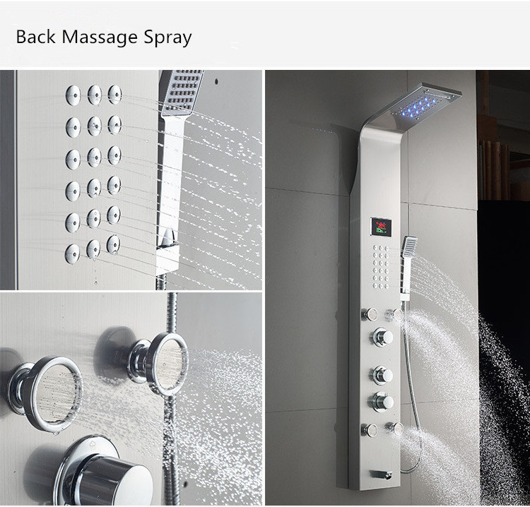 SUS 304 stainless steel shower panel smart thermostat  rainfall shower set LED home shower