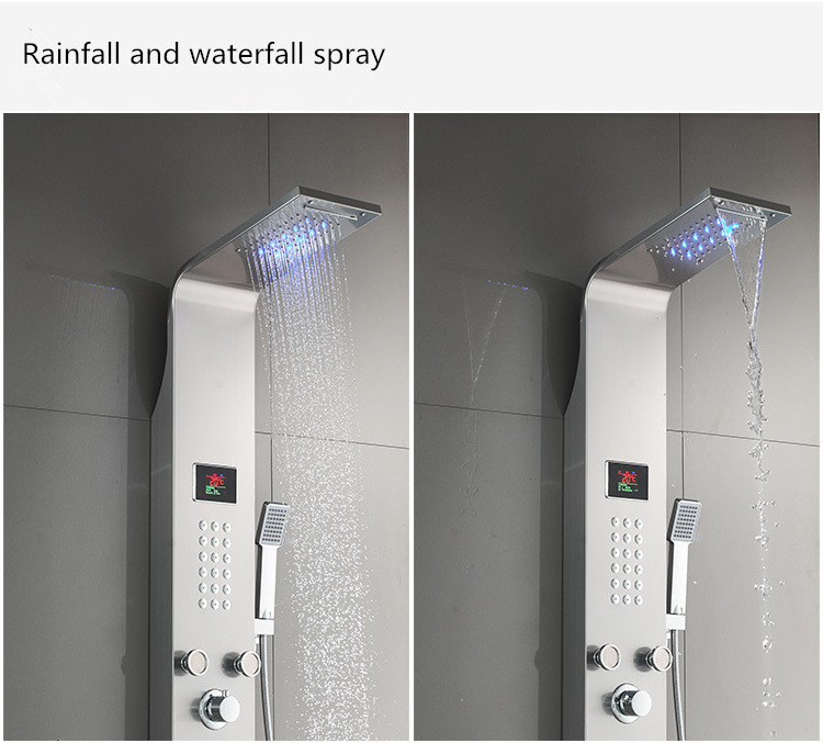 SUS 304 stainless steel shower panel smart thermostat  rainfall shower set LED home shower