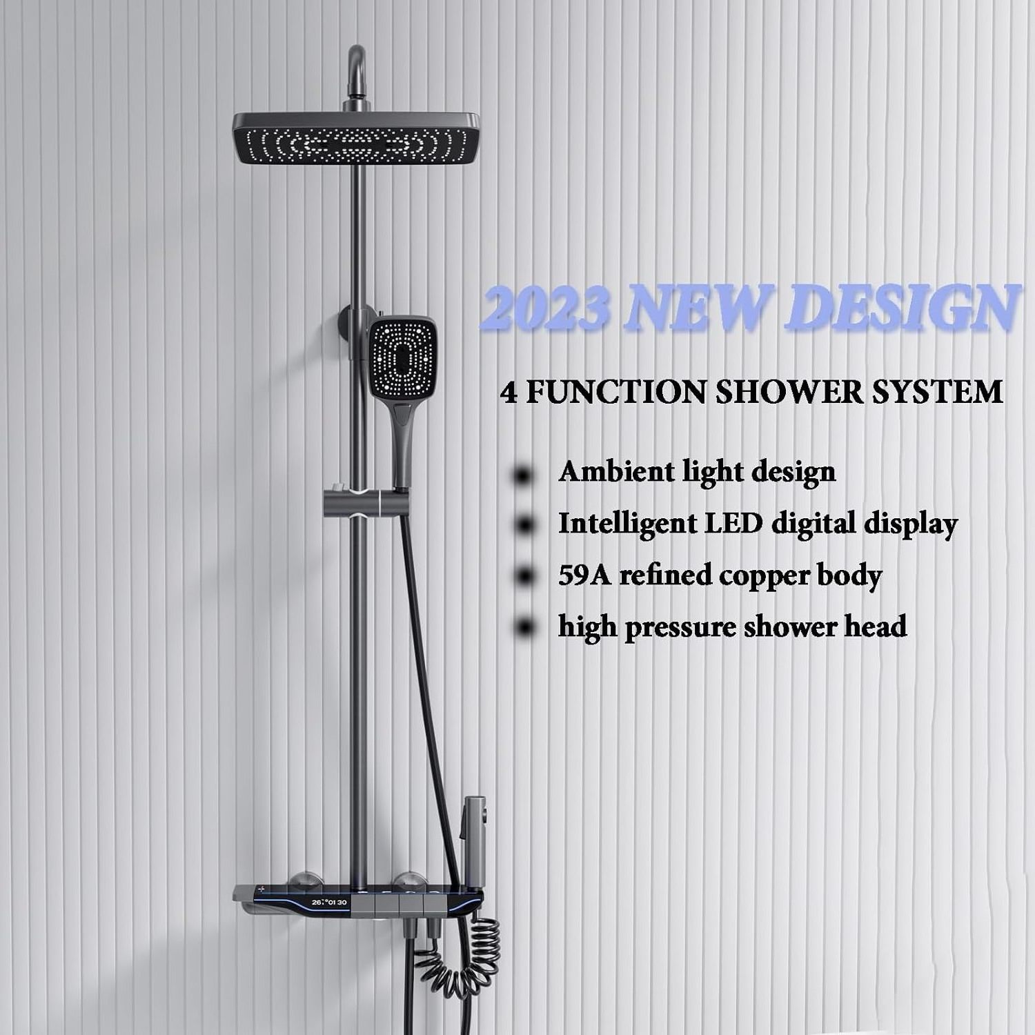 Shower System Piano Key Hot & Cold Mix Shower Faucet Set with LED Digital Display Ambient Lights Wall Hanging Shower Combo Set