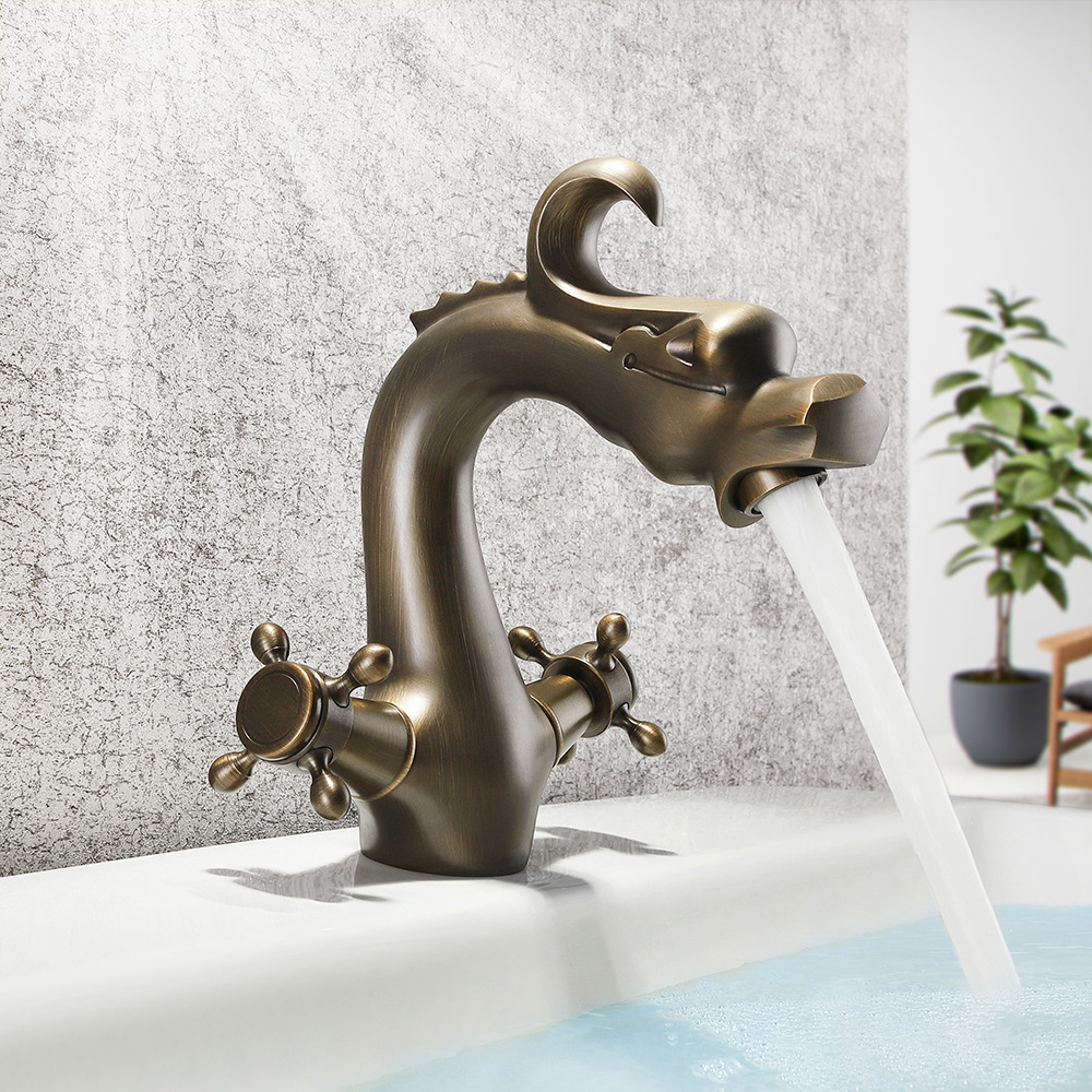 Special design retro antique type basin faucet single hole cold and hot two-wheel handle control faucet