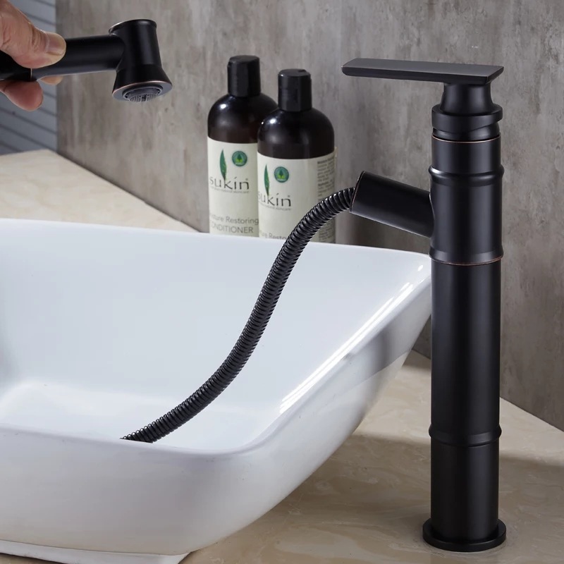 European style pull down faucet bathroom basin black faucet hot and cold brass body.