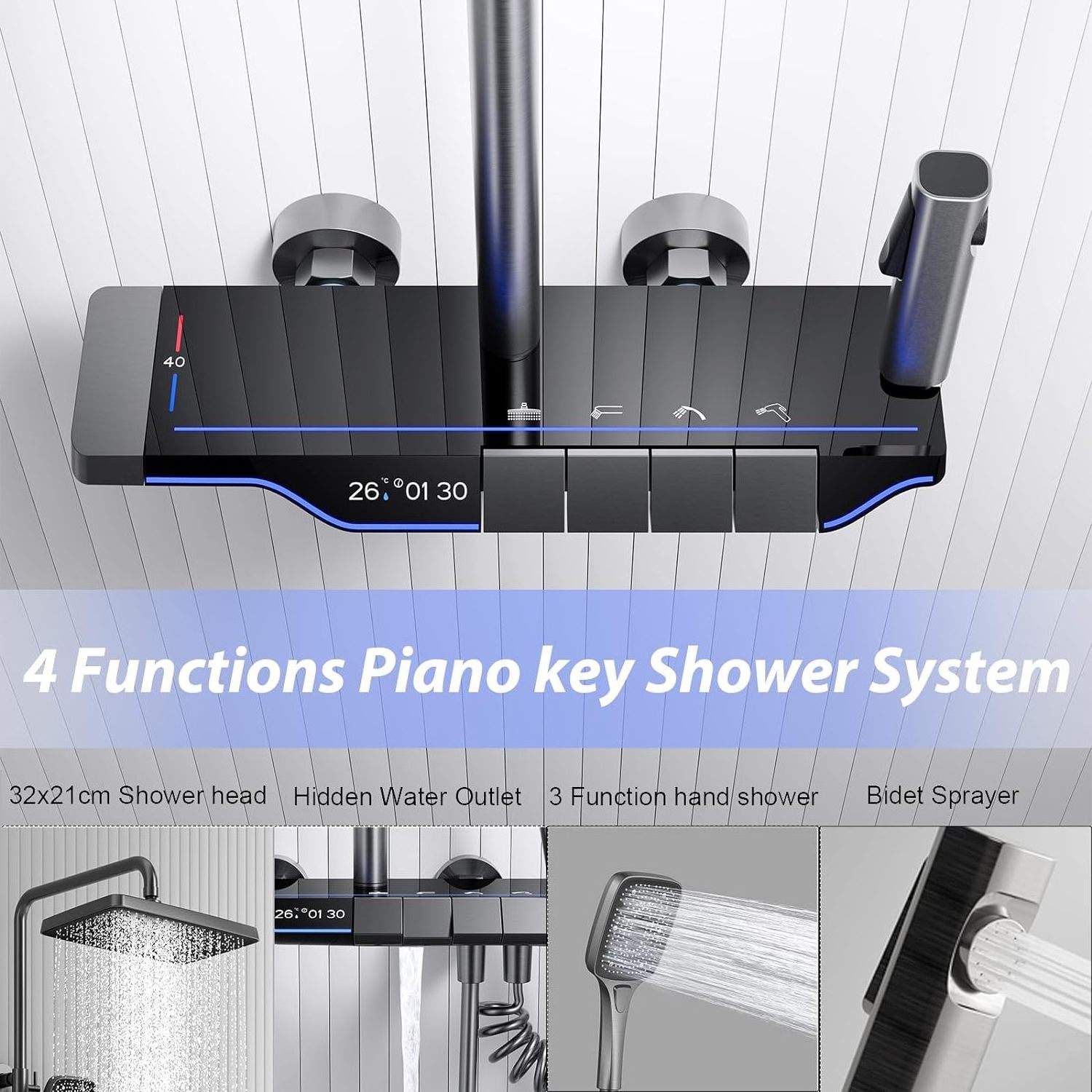 Shower System Piano Key Hot & Cold Mix Shower Faucet Set with LED Digital Display Ambient Lights Wall Hanging Shower Combo Set