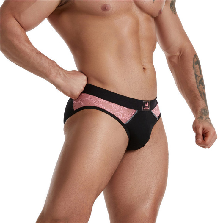 OEM Men's Lace Pink Briefs Sexy Gay Man Underwear Sex Gay Boys See Through Underpants With Custom Logo