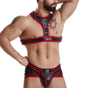 Gay Mens Party PU Suit Stretch BDSM Men Sexy Underwear Club Wear Bondage Lingerie Slave Chest Harness Open Ass Rear Jockstrap