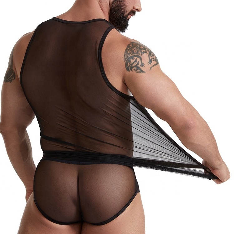 Mens Sexy Transparent Mesh Brief Underwear See-through Black Tank Tops Gay Lingerie