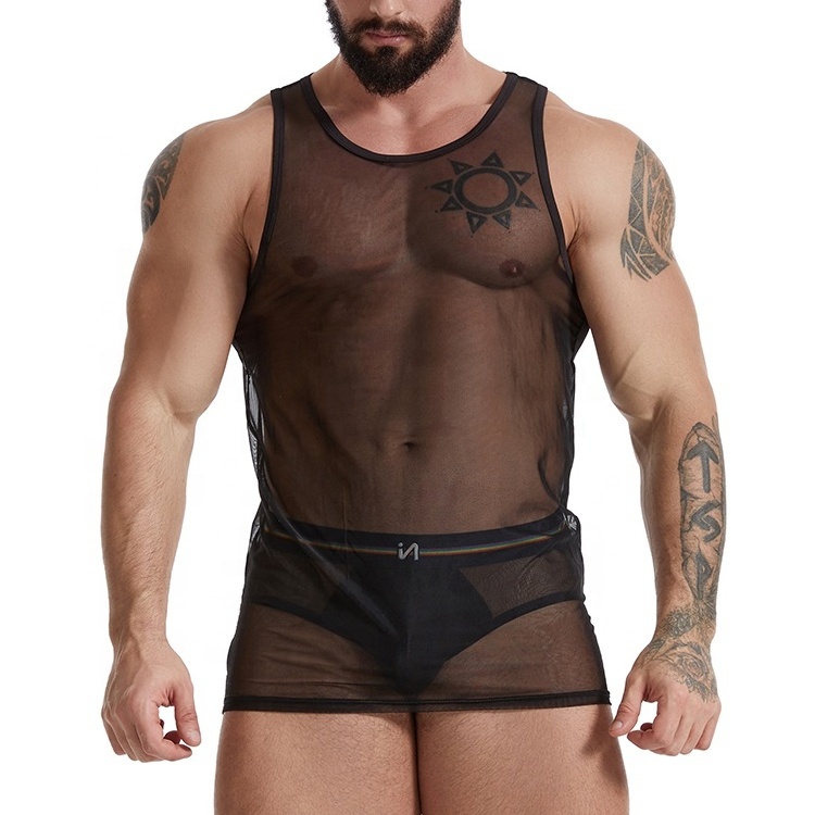 Mens Sexy Transparent Mesh Brief Underwear See-through Black Tank Tops Gay Lingerie