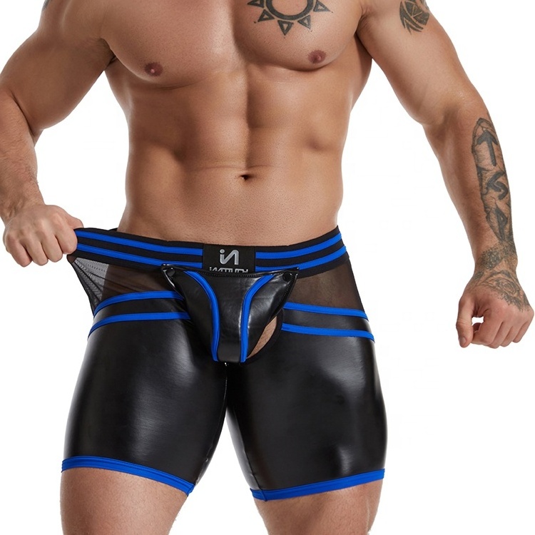 Gay Sexy Leather Trunks Boxer Shorts Back Zipper Open Underwear Black Boxers Briefs PU Midway Briefs For Sex