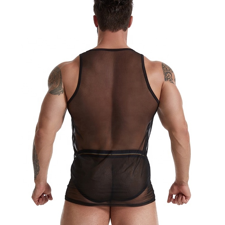 Mens Sexy Transparent Mesh Brief Underwear See-through Black Tank Tops Gay Lingerie