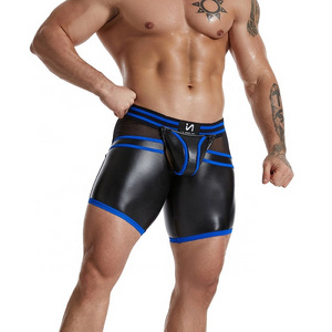 Gay Sexy Leather Trunks Boxer Shorts Back Zipper Open Underwear Black Boxers Briefs PU Midway Briefs For Sex