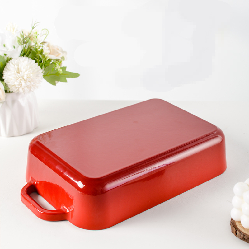 Wholesale Square Red Cast Iron Enameled Frying Convenient Carry Handles Baking Roasting Pan