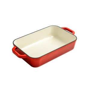 Wholesale Square Red Cast Iron Enameled Frying Convenient Carry Handles Baking Roasting Pan