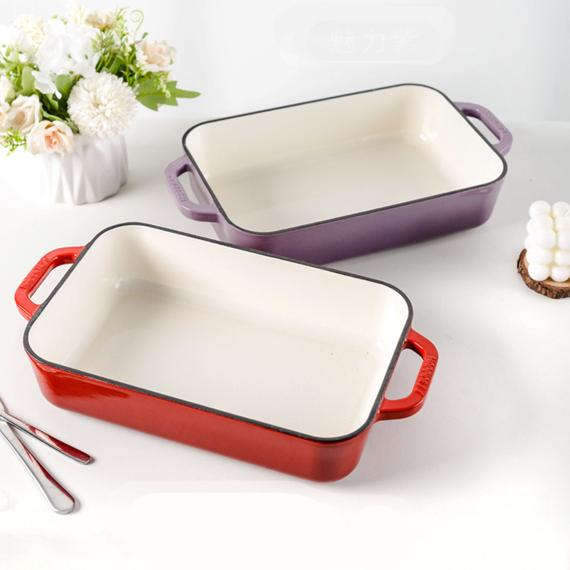 Wholesale Square Red Cast Iron Enameled Frying Convenient Carry Handles Baking Roasting Pan