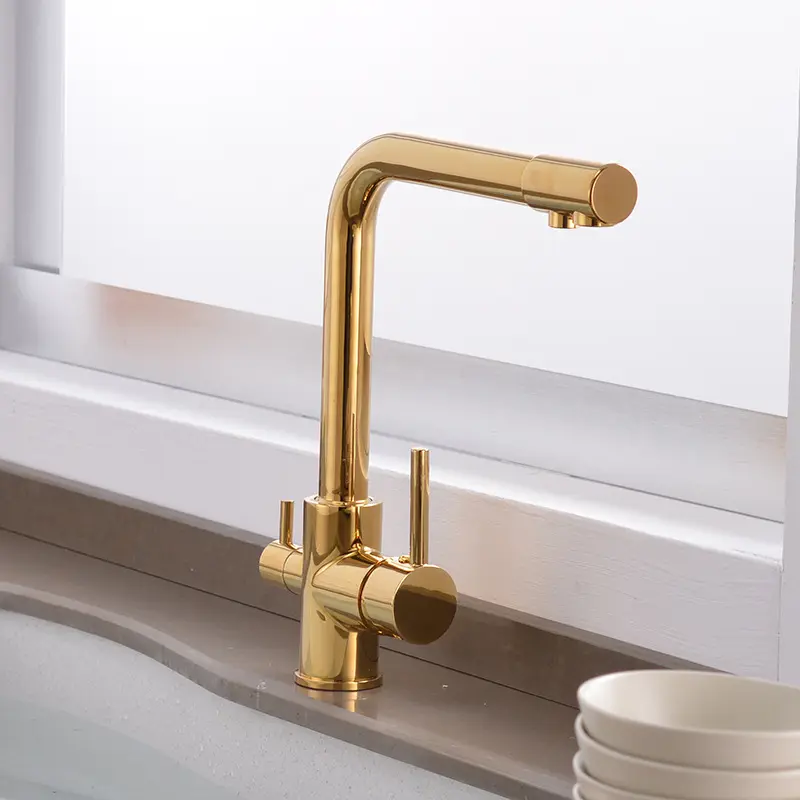 Modern Brass double Handle Gold Water Filter drinking faucet, Hot and Cold water 3 way Kitchen Faucet