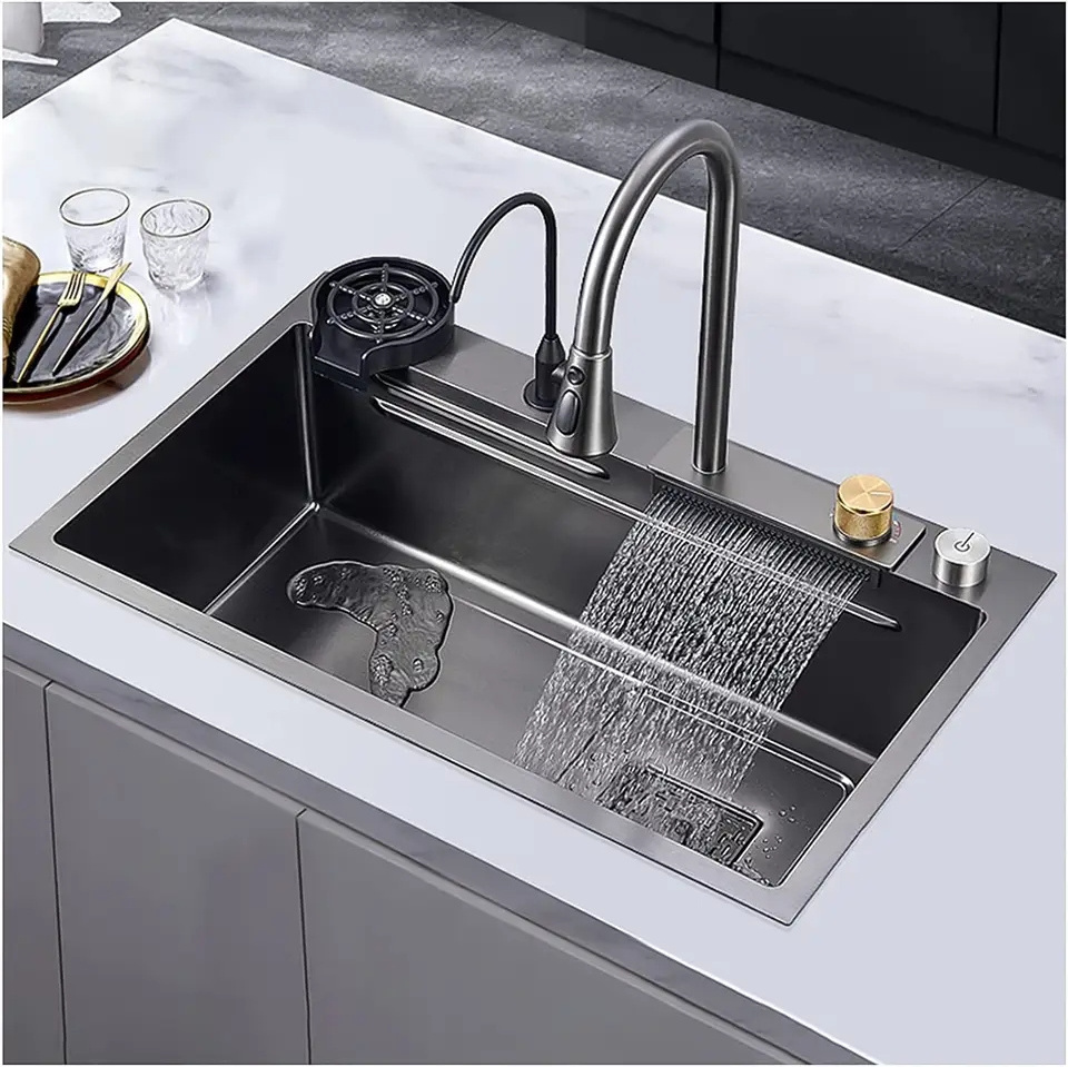 Modern fashion sus304 waterfall multifunction smart stainless steel sink glass rinser kitchen sinks