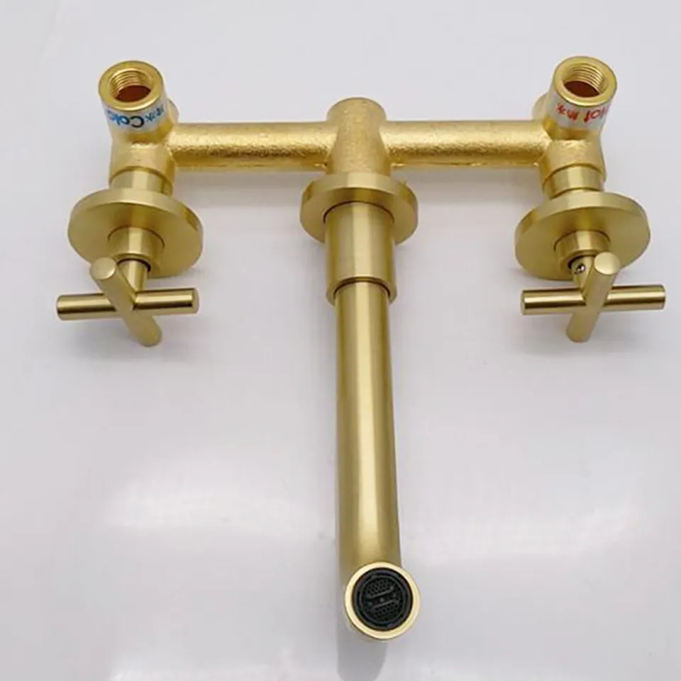 Basin Tap Brass 3 Hole Wall Mounted Brushed Gold bathroom Faucet Mixer