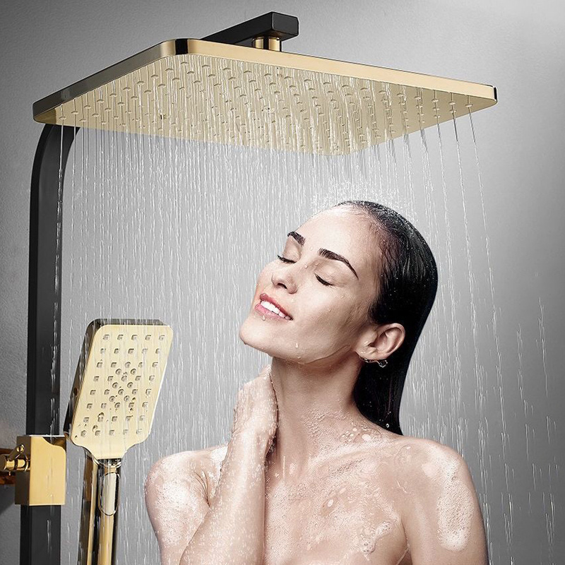 Square Bathroom Shower System Black Gold Bathtub Mixer Faucet Hot and Cold Bathroom Tap Thermostatic Shower Set