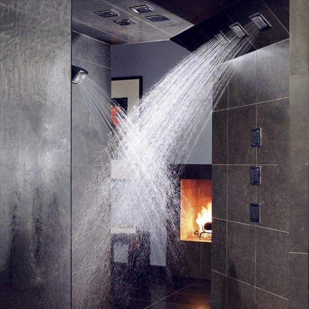 Brushed Nickel Shower System with Body Jets Large 28inch Multi-function Shower Faucet Set Ceiling Rain Shower