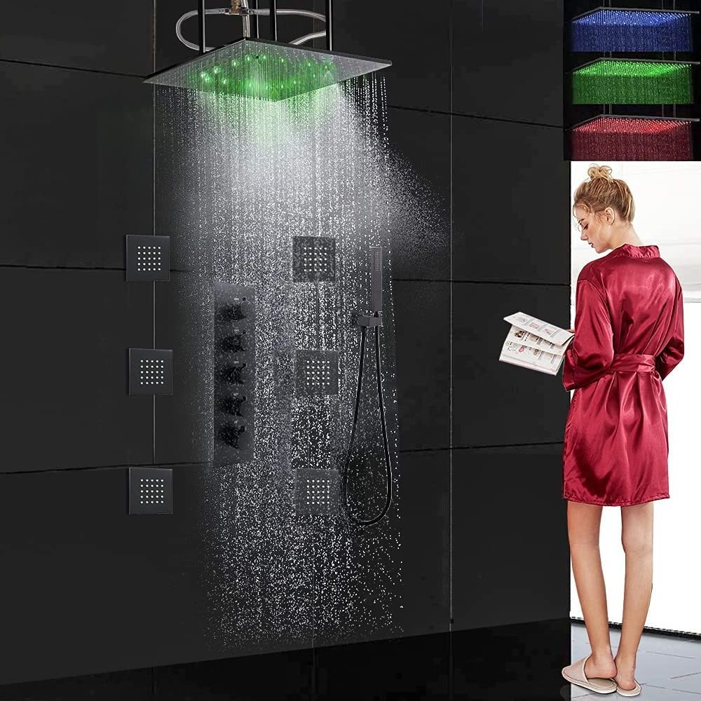 20inch LED Rainfall Mist Shower System with Body Spray Jets Matte Black All Metal Shower Fixtures Can Flush Mount Shower Faucet