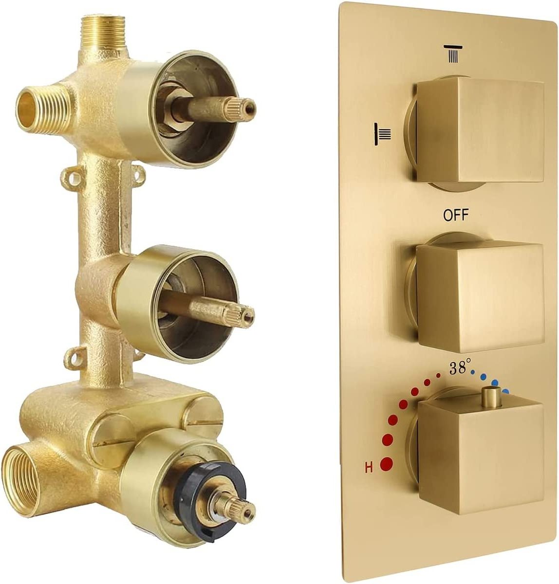 3-Way Shower Diverter Valve and Trim Kit Thermostatic Brass Shower Mixing Valve 3 Square Knobs Shower System Replacement