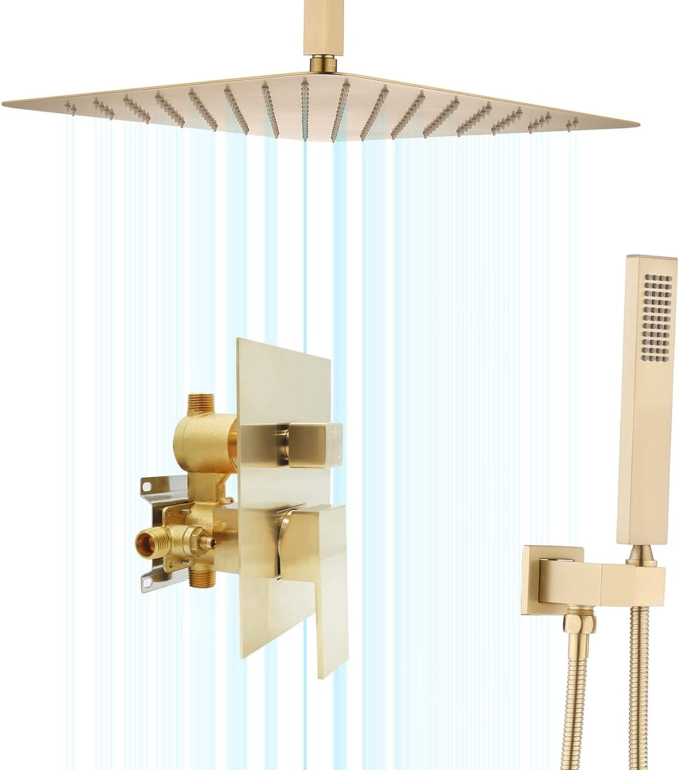 Ceiling Mount Rain Shower System Brushed Gold Shower Faucet Set 16 Inch High Pressure Overhead Rain Shower Head and Handheld