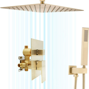 Ceiling Mount Rain Shower System Brushed Gold Shower Faucet Set 16 Inch High Pressure Overhead Rain Shower Head and Handheld