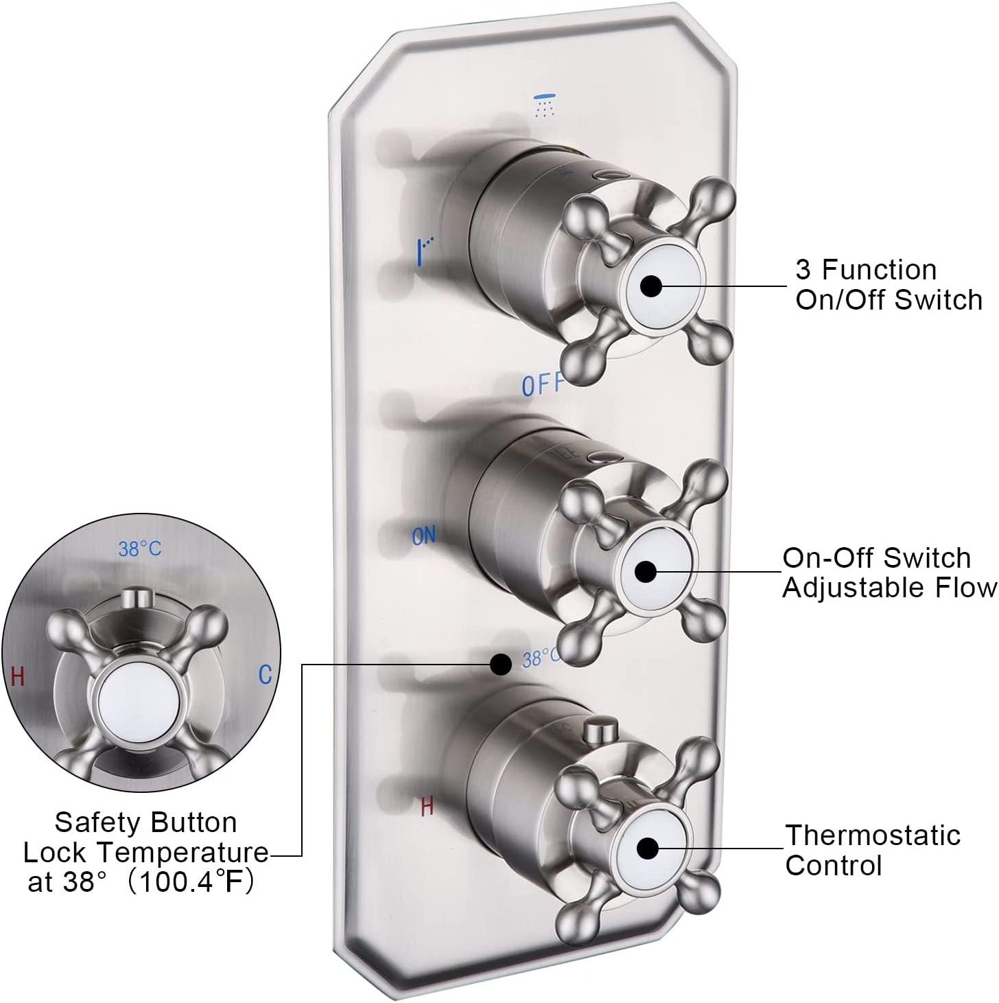 Solid Brass 3 Way Thermostatic Shower Diverter Valve Concealed Bathroom Shower Mixing Valve Trim Kit