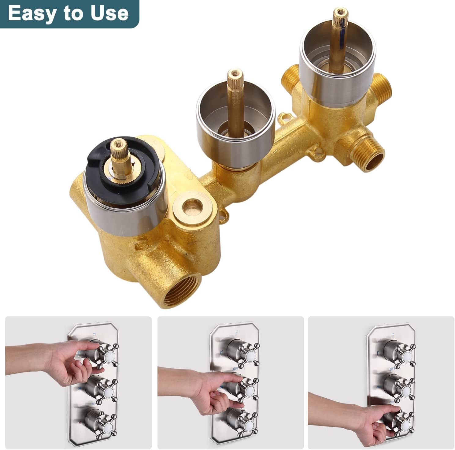 Solid Brass 3 Way Thermostatic Shower Diverter Valve Concealed Bathroom Shower Mixing Valve Trim Kit