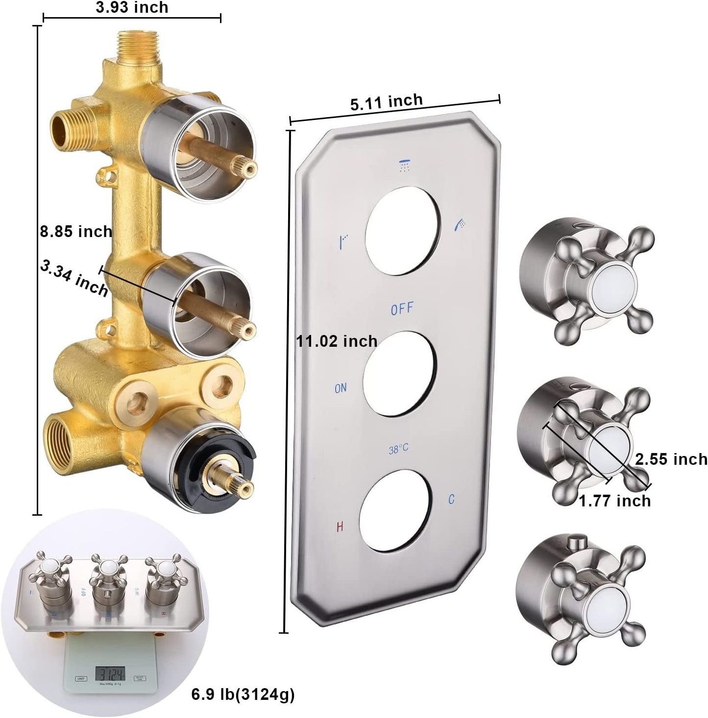 Solid Brass 3 Way Thermostatic Shower Diverter Valve Concealed Bathroom Shower Mixing Valve Trim Kit