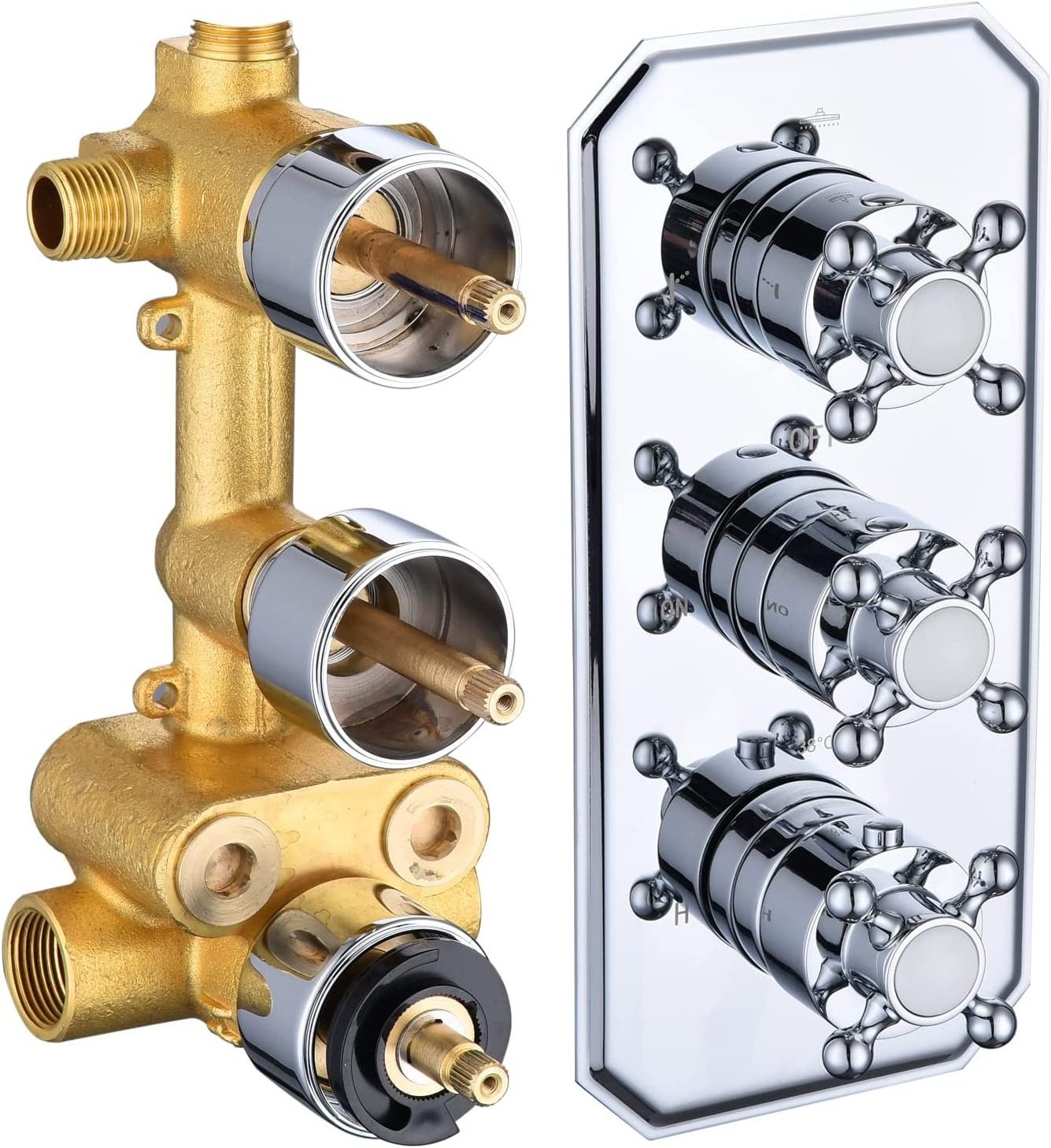 Solid Brass 3 Way  Chrome Thermostatic Shower Diverter Mixing Valve Replacement Antique Bathroom 3 Outlet Shower Mixer Valve Kit