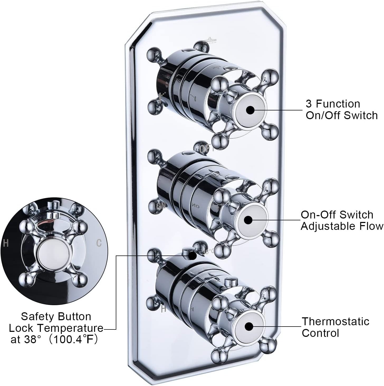 Solid Brass 3 Way  Chrome Thermostatic Shower Diverter Mixing Valve Replacement Antique Bathroom 3 Outlet Shower Mixer Valve Kit