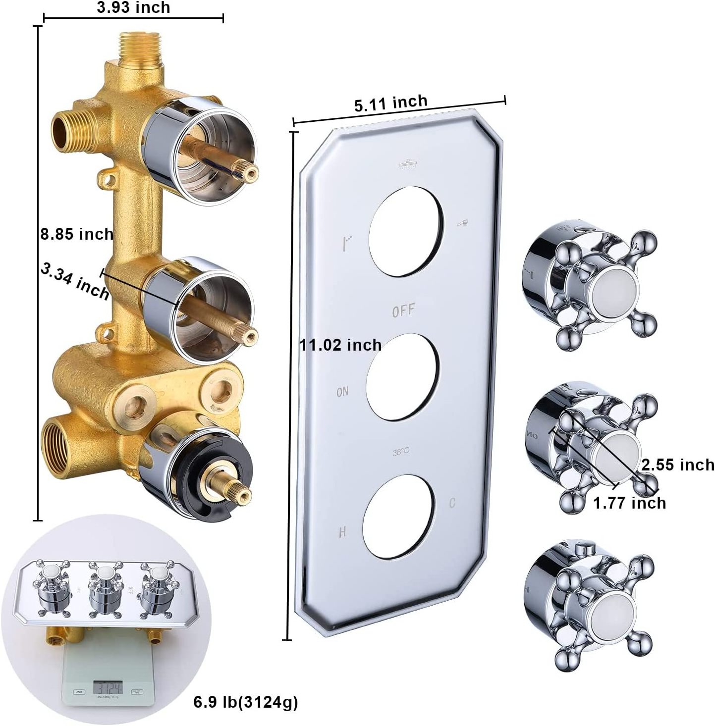 Solid Brass 3 Way  Chrome Thermostatic Shower Diverter Mixing Valve Replacement Antique Bathroom 3 Outlet Shower Mixer Valve Kit