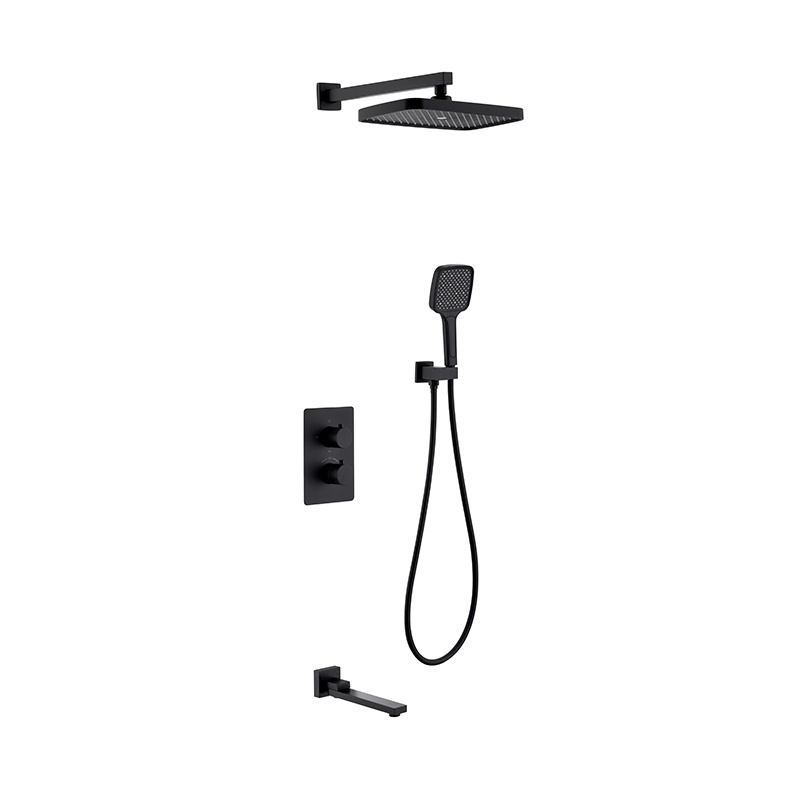 in-Wall Thermostat Black Square Shower Set Booster Top Spray Copper  Faucet Shower System 3 Modes Shower Head