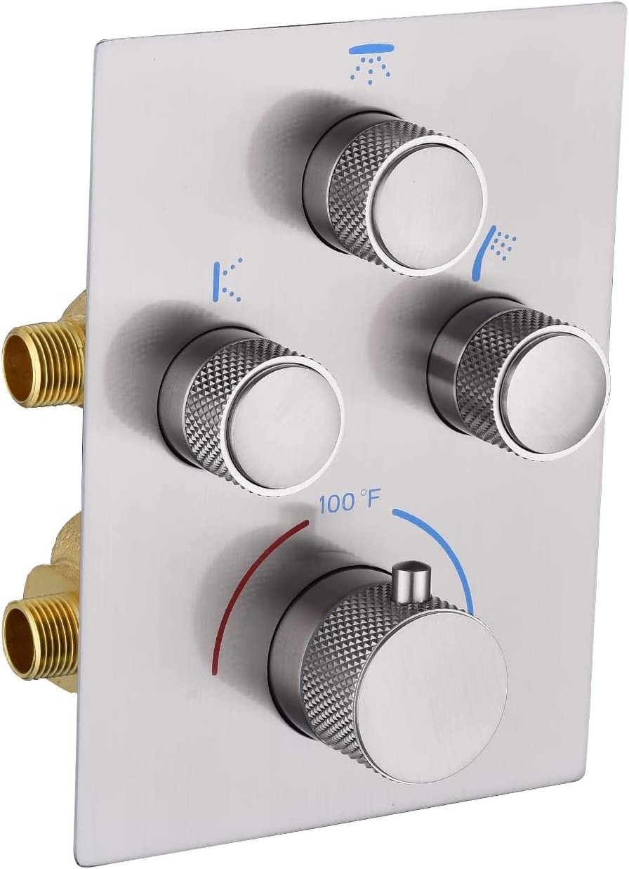 Brushed Nickel 3 Way Thermostatic Shower Valve Push Button Brass Mixer Shower Diverter Valve Kit Concealed 3 Outlet Multi