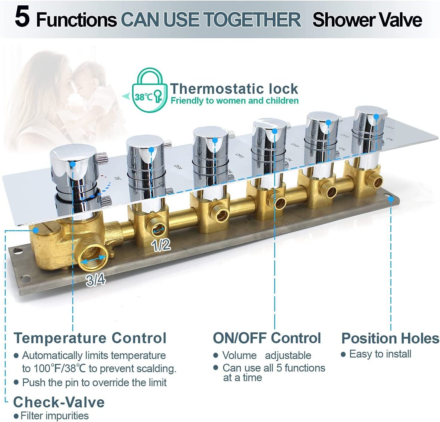 5 Functions Shower Head Diverter Valve 5 Way Thermostatic Mixing Shower Rough-In Valve Chrome Trim Kit Shower Handled