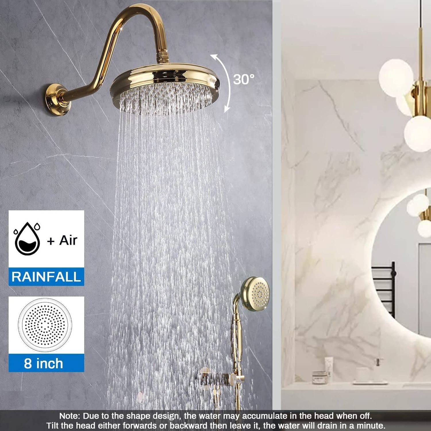 Gold Brass Shower Tub Faucet System Antique 8inch Rainfall Shower with Spout and Hand Spray