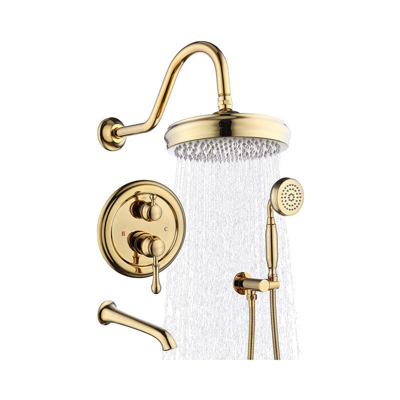 Gold Brass Shower Tub Faucet System Antique 8inch Rainfall Shower with Spout and Hand Spray