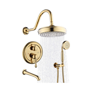 Gold Brass Shower Tub Faucet System Antique 8inch Rainfall Shower with Spout and Hand Spray