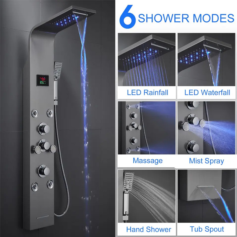 Hot Sale Luxury Thermostatic Led Rain Shower Head Wall Mounted Waterfall Stainless Steel  Shower Panels Bathroom