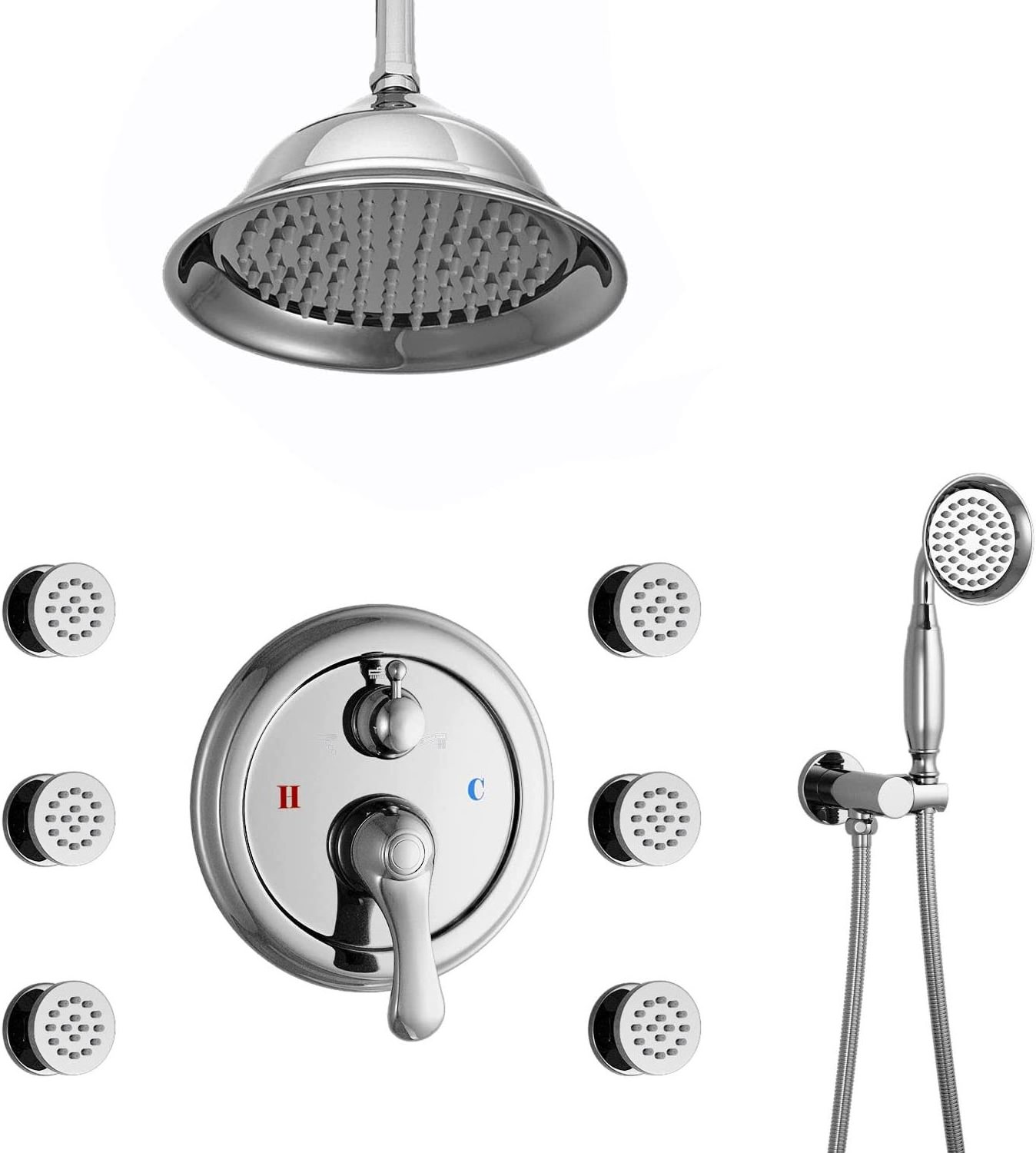 8 Inch Ceiling Rain Shower Antique telephone Shower Faucet Complete Set With 3 Way Balance Rough-In Valve Trim Kit Chrome