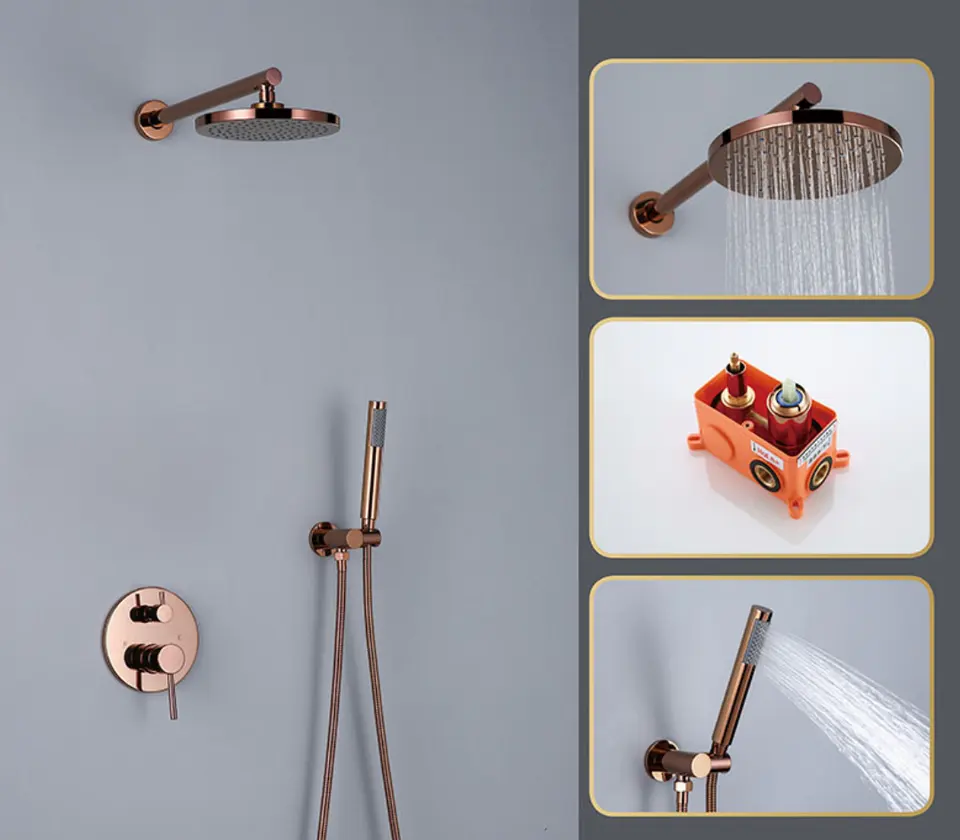 8 inch Wall Mount Rose Gold Hot and Cold Water Bathroom Shower Faucet System Round shower head