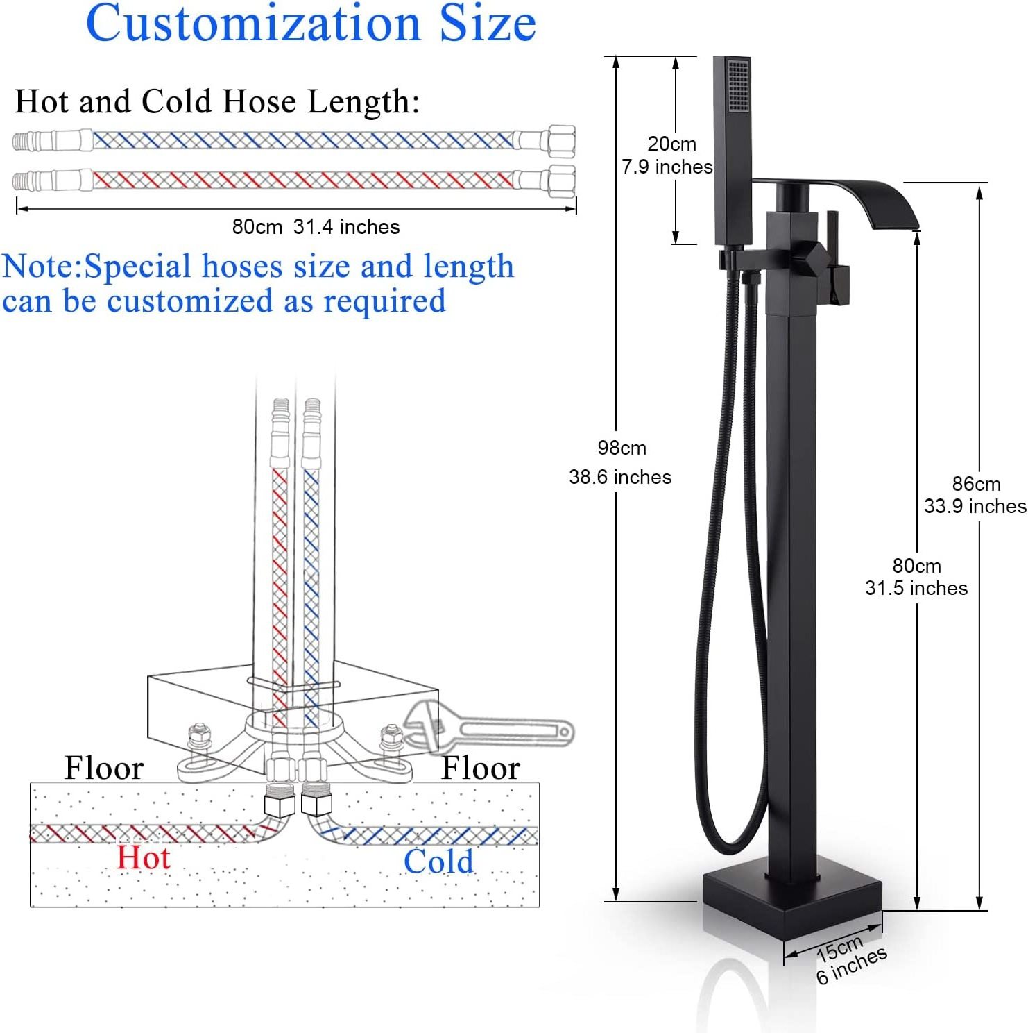 Free Standing Tub Faucet Matte Black Floor Mounted Tub Filler Faucet Brass Bathroom Tub Faucets with Hand Shower