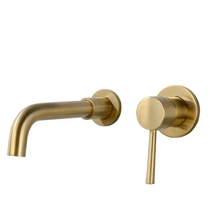 Hotel two hole Wall mounted Faucet Brass Bathroom Sink Single Handle taps Brushed gold basin Faucet