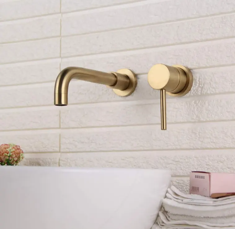 Hotel two hole Wall mounted Faucet Brass Bathroom Sink Single Handle taps Brushed gold basin Faucet